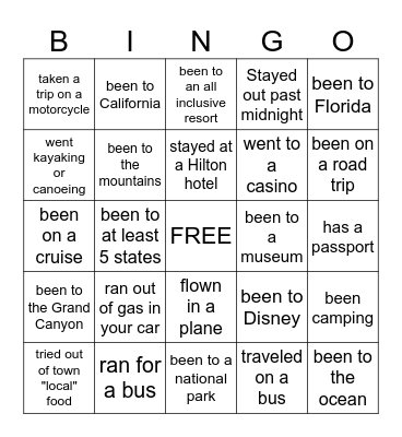 Travel Bingo Card