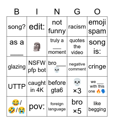 yet another yt shorts comment bingo Card