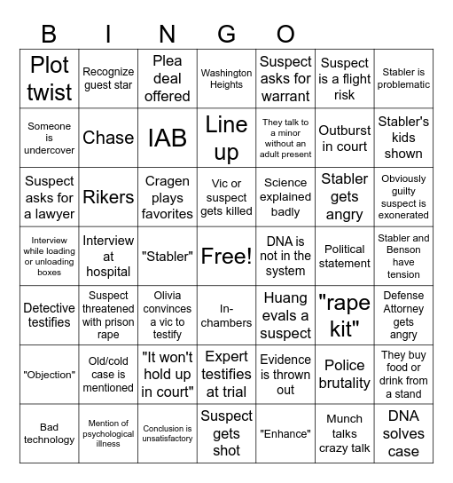 LAW AND ORDER SVU Bingo Card