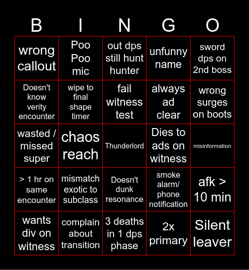 Salvation's Edge Lfg Bingo Card