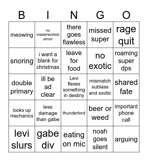 raid bingo Card