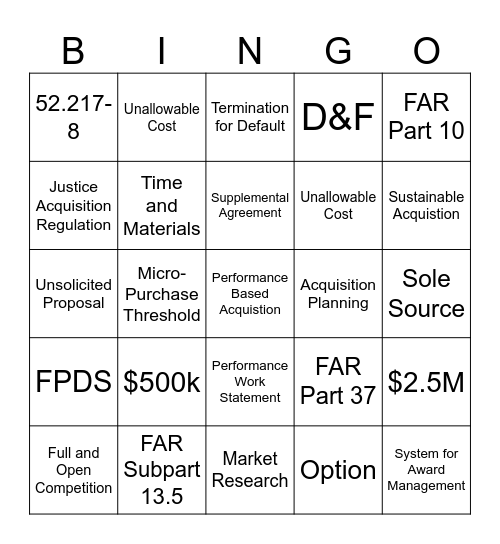 Acquistion Management Division Bingo Card