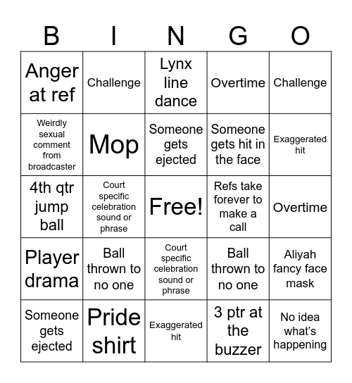 Mystics Bingo Card