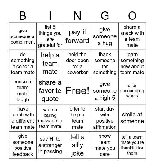 Gratitude Bingo Card