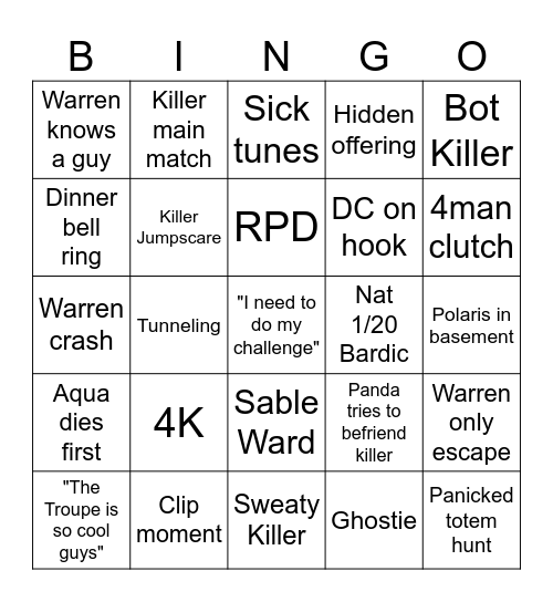 Variety Games DBD Bingo Card