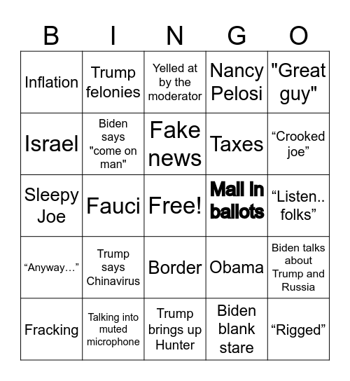 Presidential Debate BINGO Drinking Game Bingo Card