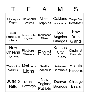NFL Football Bingo Card