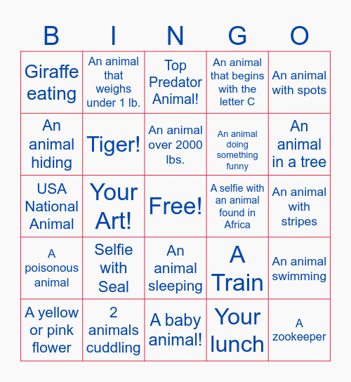 Zoo Photo Bingo Card