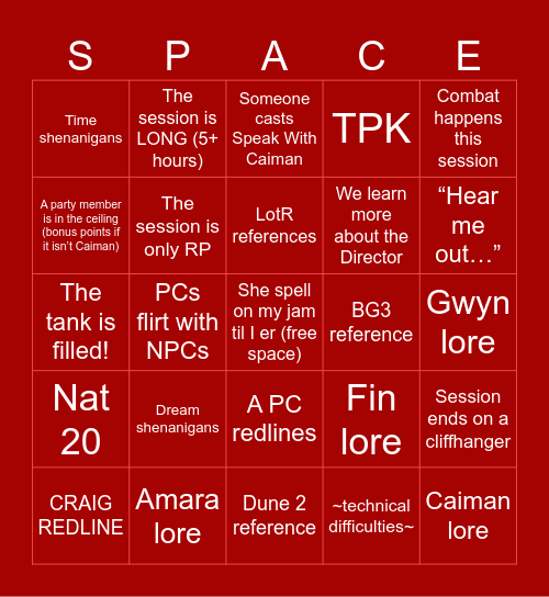 Spelljammer: Redline - Track 19 Bingo Card