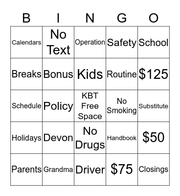 KidiBeez Transportation 2017-2018 Bingo Card