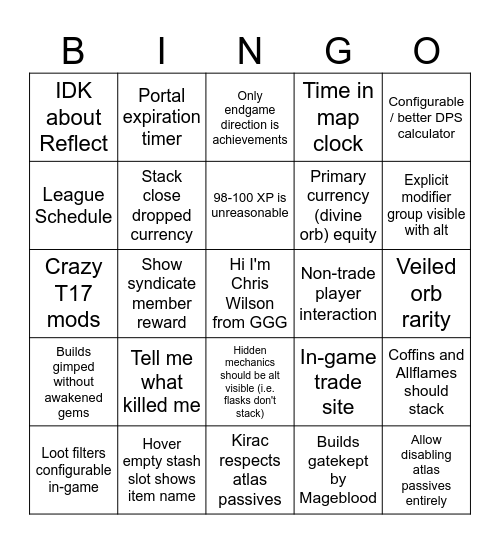 POE 3.24 - My First League Bingo Card