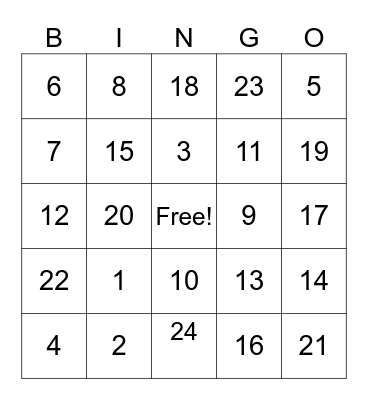 Number bingo Card