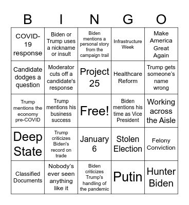 Biden - Trump  Debate Bingo Card