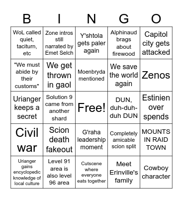 Dawntrail MSQ Bingo Card