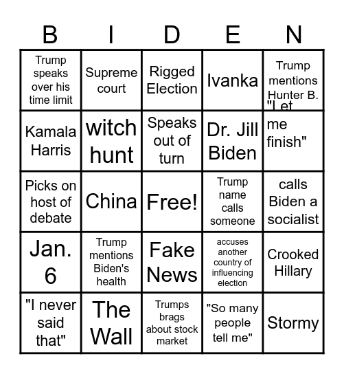 June 27, 2024 Debate Bingo Card