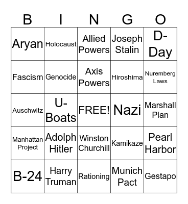 WW2 Vocabulary Bingo Card