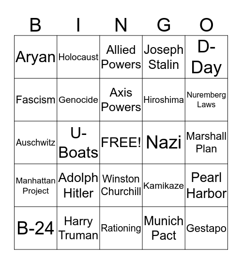WW2 Vocabulary Bingo Card