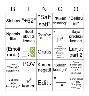 YT Shorts Komentar Indonesia Bingo Card