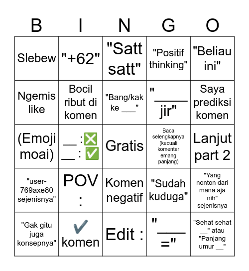 YT Shorts Komentar Indonesia Bingo Card