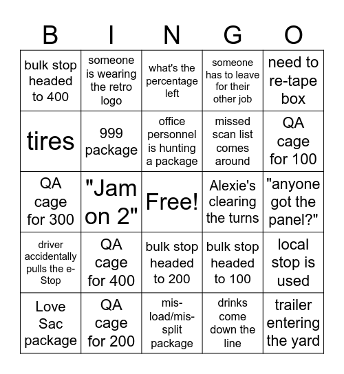 Fed Ex Ground 0193 Bingo Card