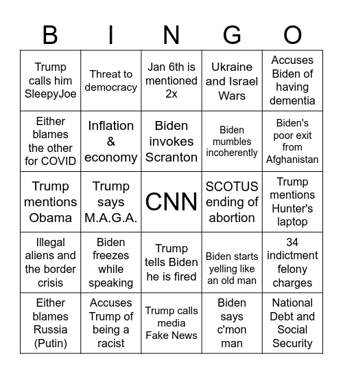 Presidential Debate Bing 2024 Bingo Card