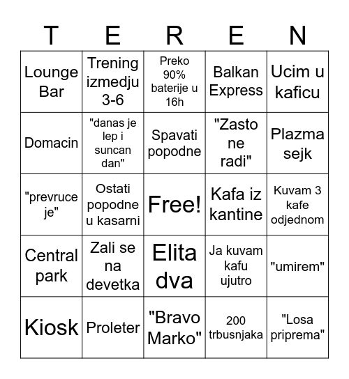 Poslednja nedelja terena Bingo Card