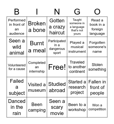 Past experience Bingo Card