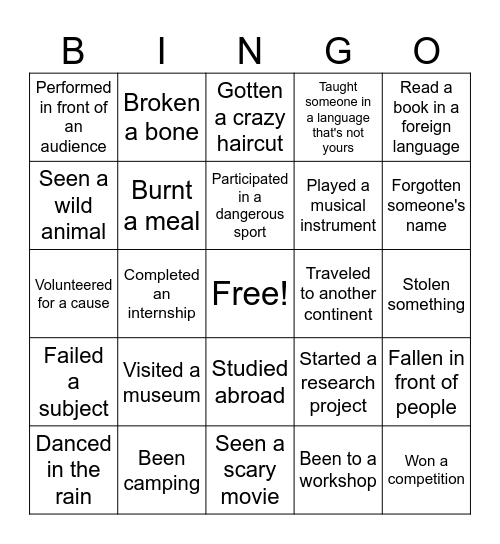 Past experience Bingo Card