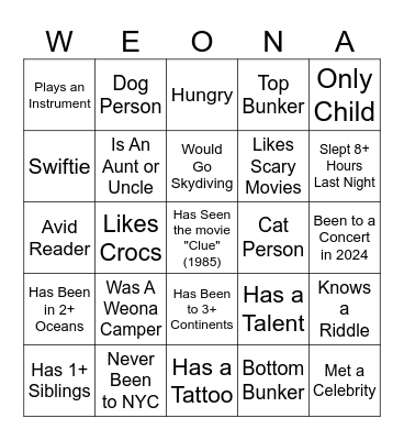 Weona We-Know-Ya Bingo Card