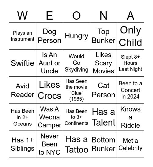 Weona We-Know-Ya Bingo Card