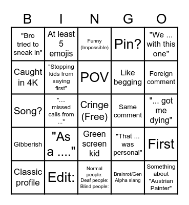 YT Shorts Bingo Card