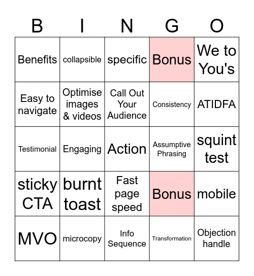 Conversion Optimisation Bingo Card