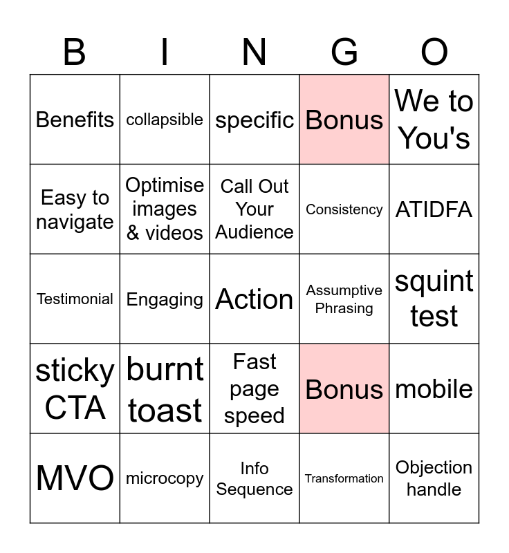 Conversion Optimisation Bingo Card