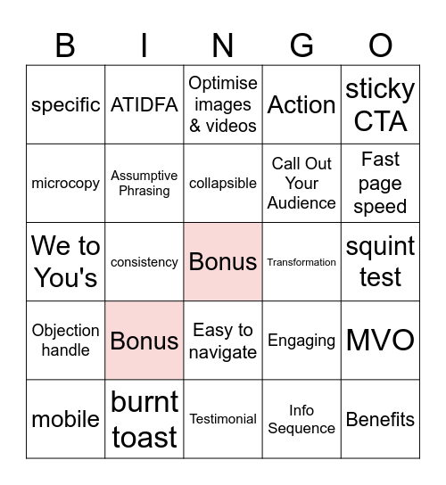 Conversion Optimisation Bingo Card