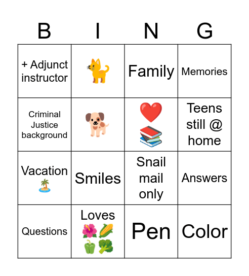 PEN PAL Bingo Card