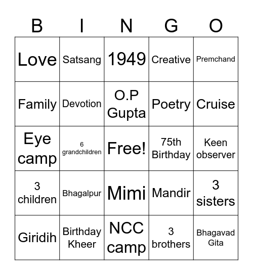 Shakuntala 75th Birthday Bingo Card