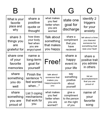 Mental Health Therapy Bingo Card