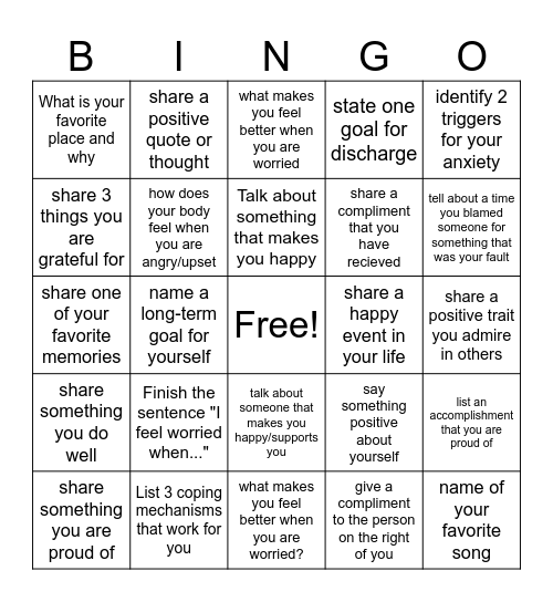Mental Health Therapy Bingo Card