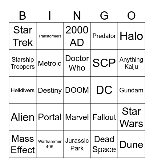 Sci-fi Costume Bingo Card