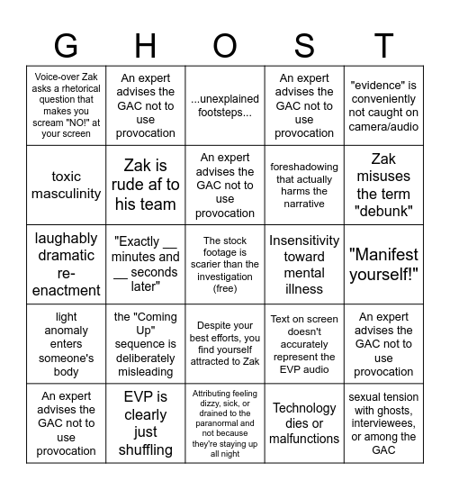 Ghost Adventures Bingo Card