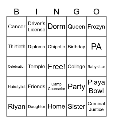 RIYAN’S BACKYARD BINGO Card