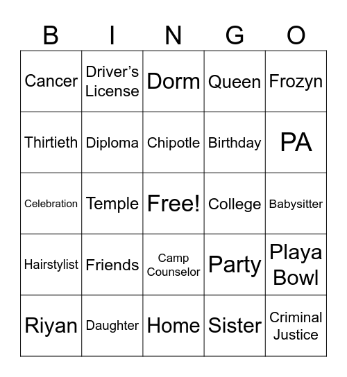 RIYAN’S BACKYARD BINGO Card