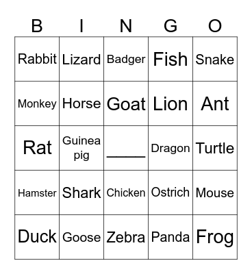 Animal Names Bingo Card