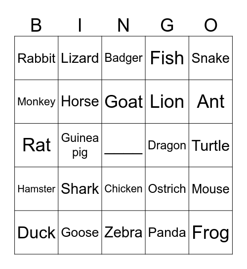 Animal Names Bingo Card