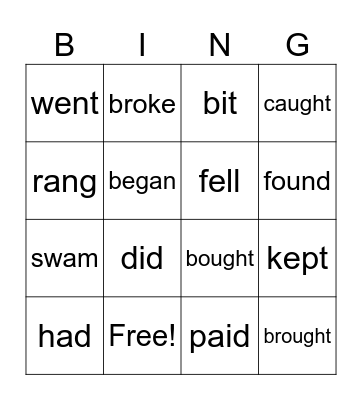 Past Tense Verbs Bingo Card