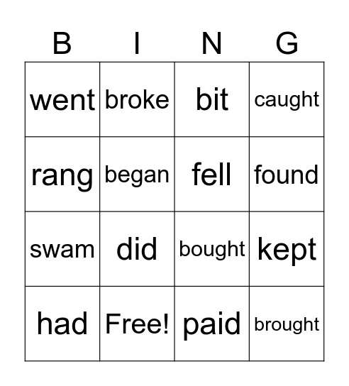 Past Tense Verbs Bingo Card