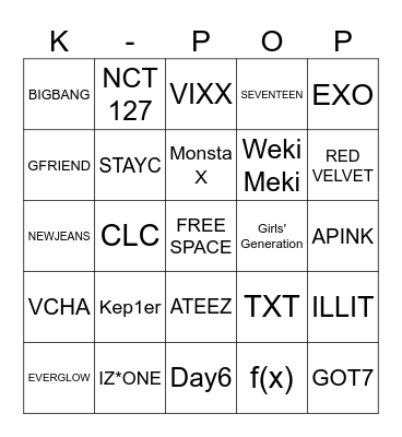 K-pop Bingo Card