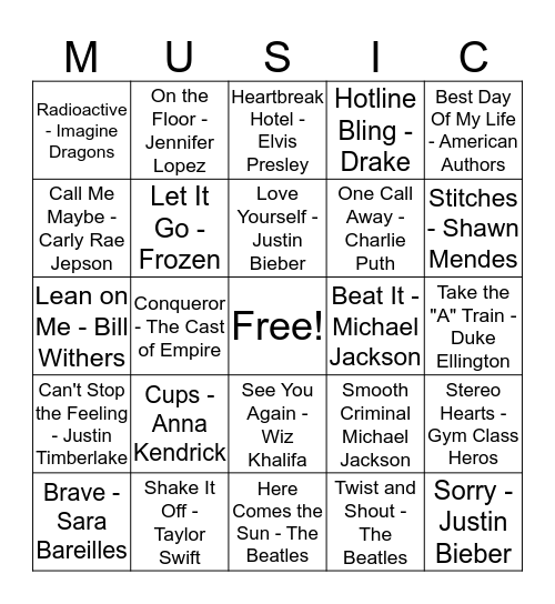 I Can Identify Pop Songs! Bingo Card