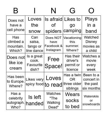 Getting To Know Your Peers Bingo Card