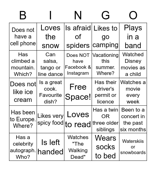 Getting To Know Your Peers Bingo Card